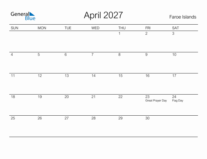 Printable April 2027 Calendar for Faroe Islands