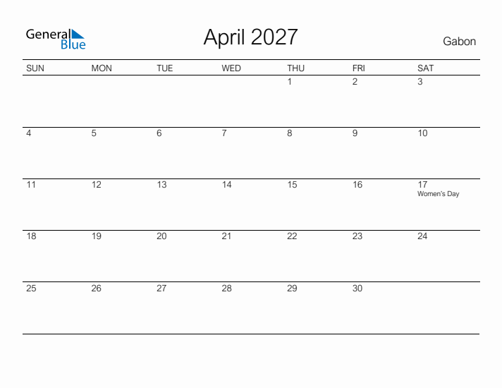 Printable April 2027 Calendar for Gabon