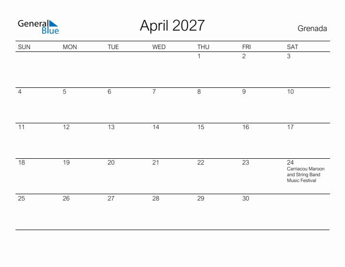 Printable April 2027 Calendar for Grenada