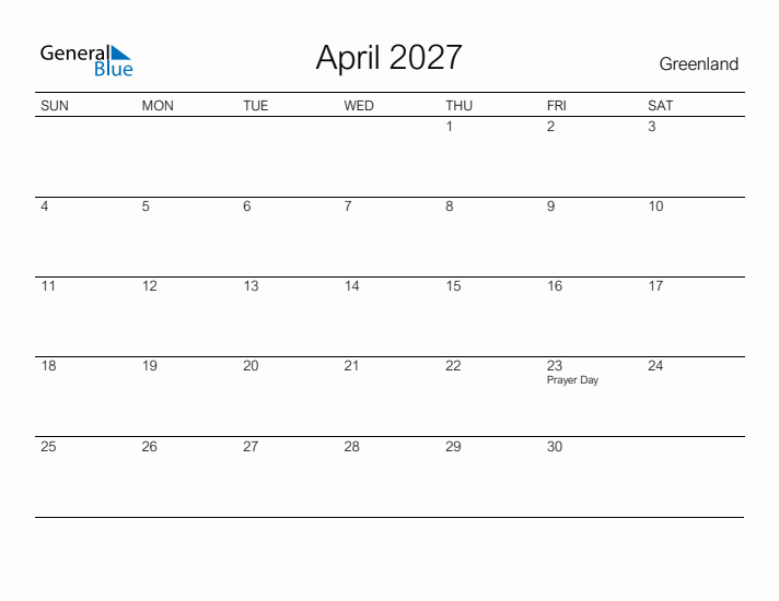 Printable April 2027 Calendar for Greenland