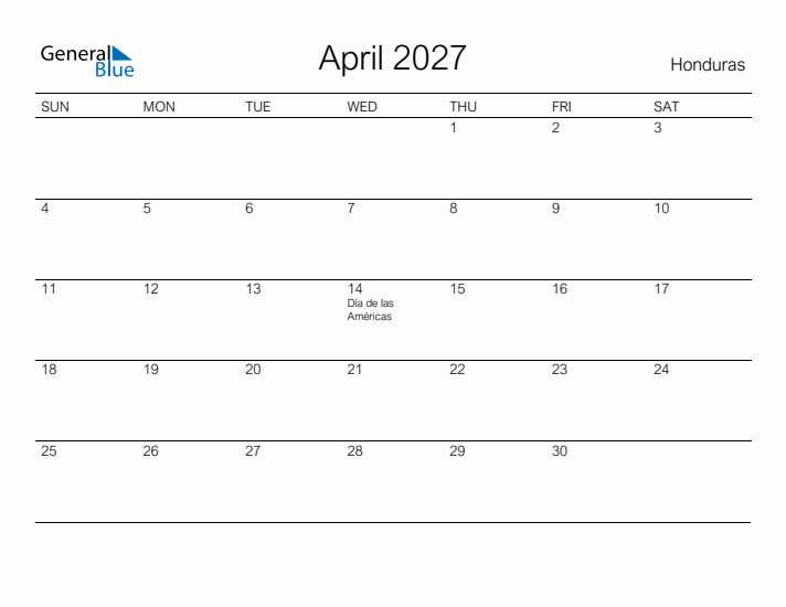 Printable April 2027 Calendar for Honduras