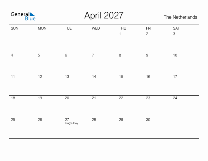 Printable April 2027 Calendar for The Netherlands