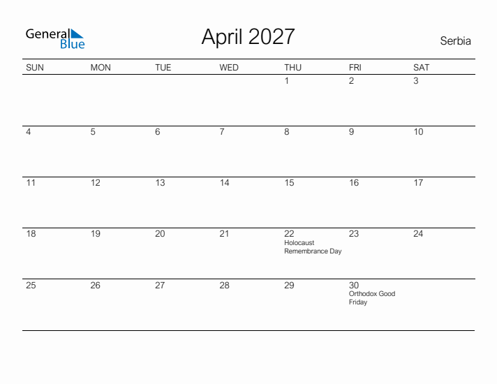 Printable April 2027 Calendar for Serbia