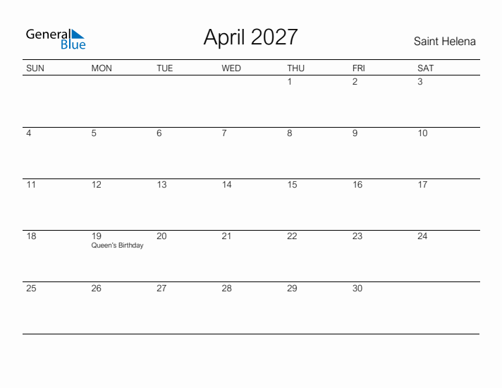 Printable April 2027 Calendar for Saint Helena