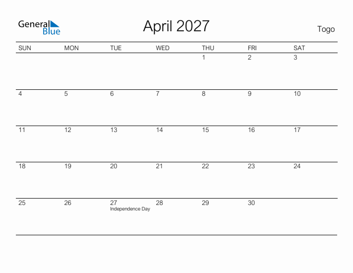 Printable April 2027 Calendar for Togo