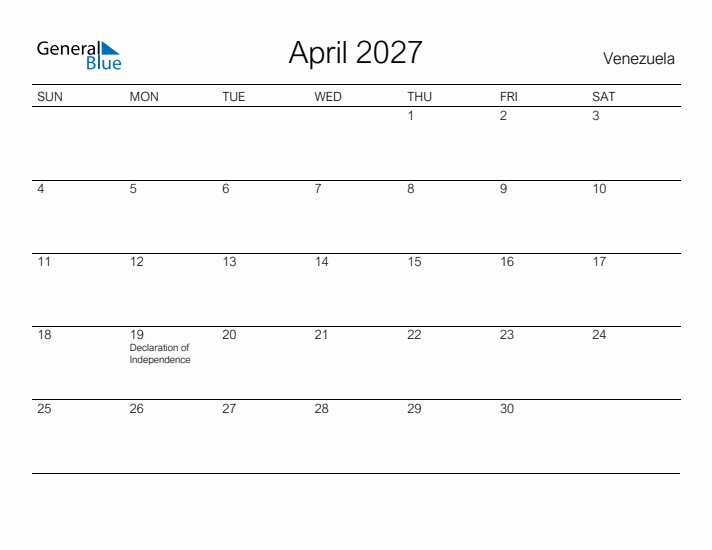 Printable April 2027 Calendar for Venezuela