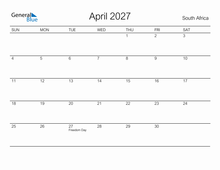 Printable April 2027 Calendar for South Africa