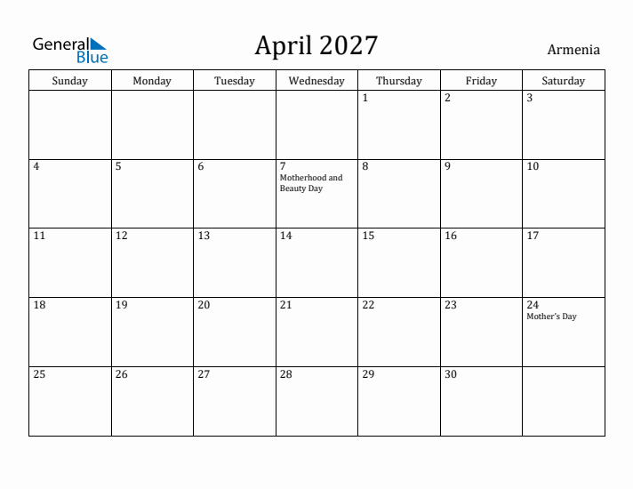 April 2027 Calendar Armenia