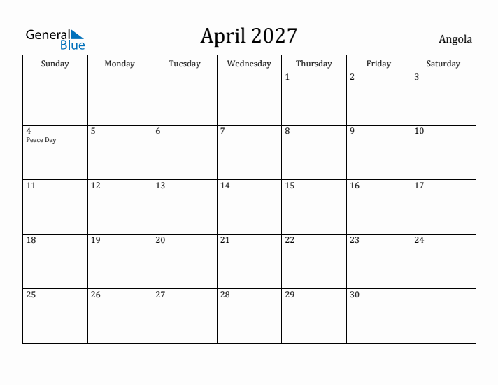 April 2027 Calendar Angola