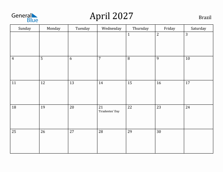 April 2027 Calendar Brazil