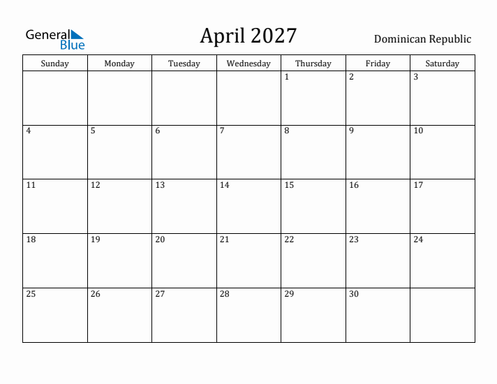 April 2027 Calendar Dominican Republic