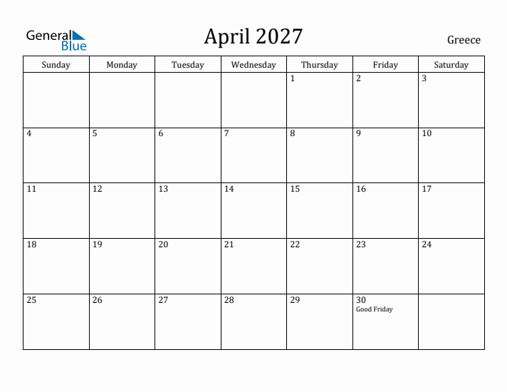 April 2027 Calendar Greece