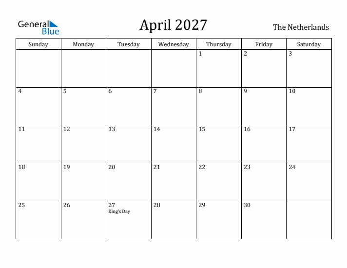 April 2027 Calendar The Netherlands