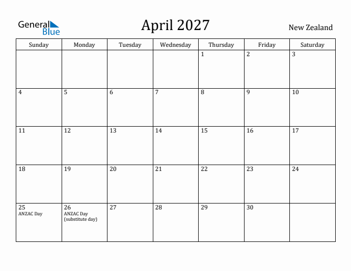 April 2027 Calendar New Zealand