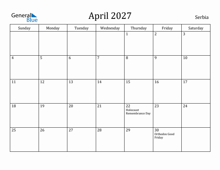 April 2027 Calendar Serbia