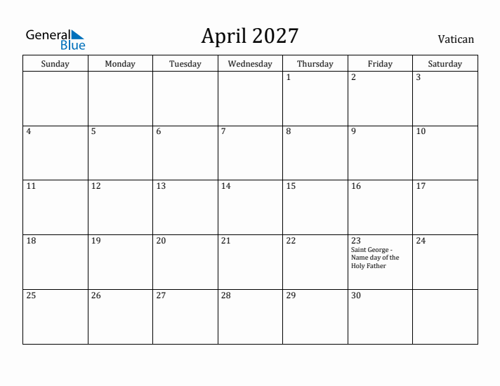 April 2027 Calendar Vatican