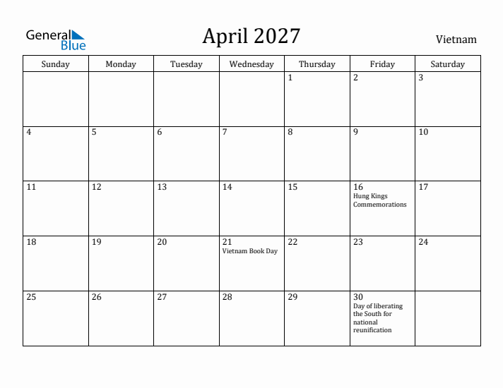 April 2027 Calendar Vietnam