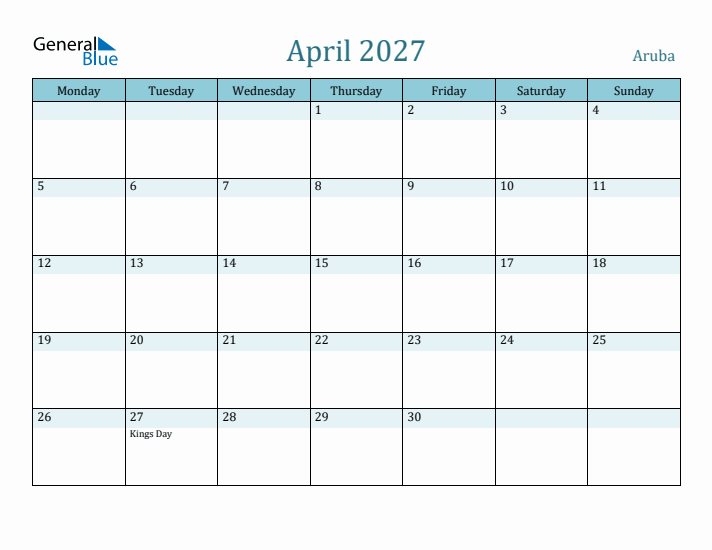 April 2027 Calendar with Holidays