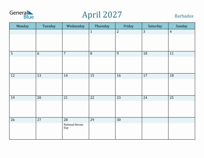 April 2027 Calendar with Holidays