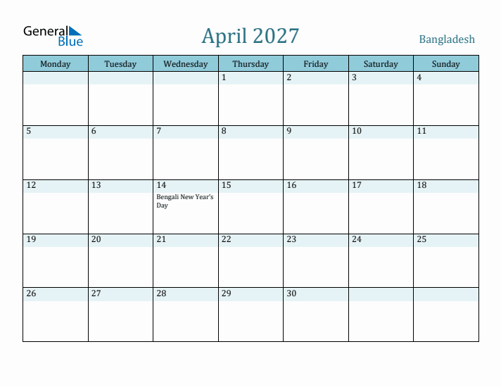 April 2027 Calendar with Holidays