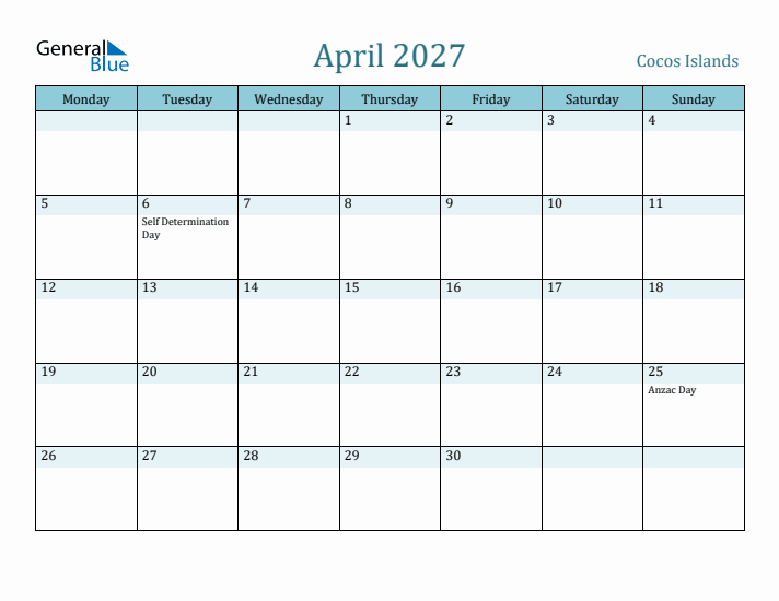 April 2027 Calendar with Holidays