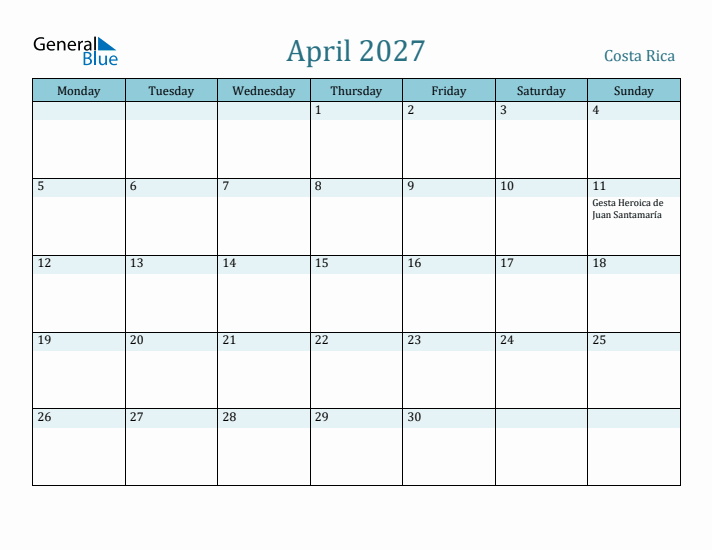 April 2027 Calendar with Holidays