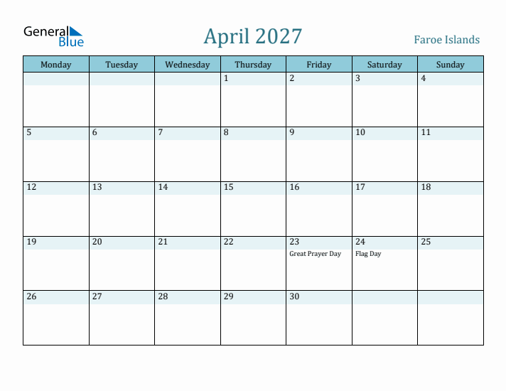 April 2027 Calendar with Holidays