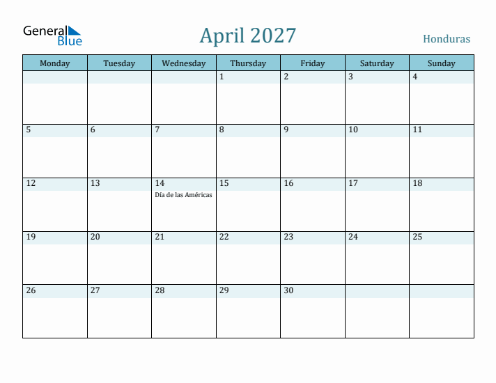 April 2027 Calendar with Holidays