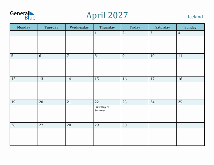 April 2027 Calendar with Holidays