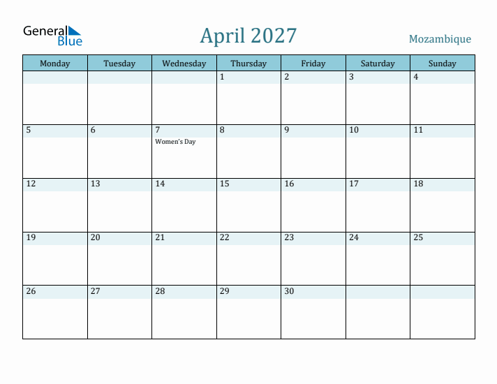 April 2027 Calendar with Holidays