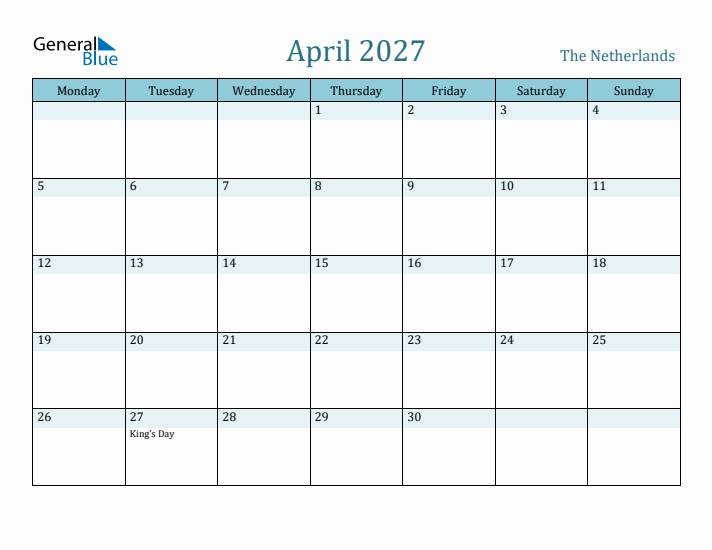 April 2027 Calendar with Holidays