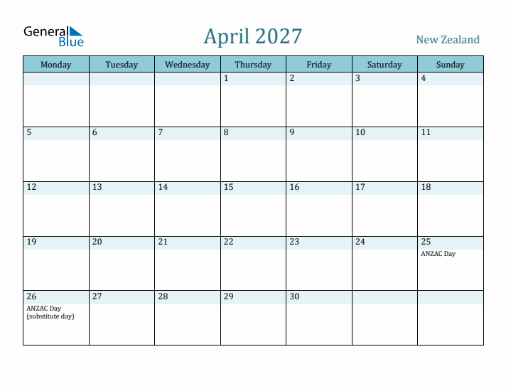 April 2027 Calendar with Holidays