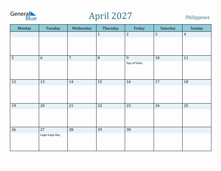 April 2027 Calendar with Holidays