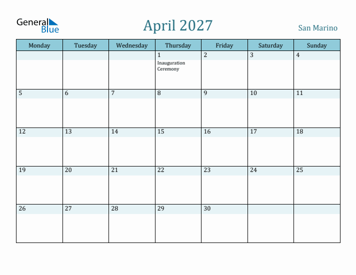 April 2027 Calendar with Holidays