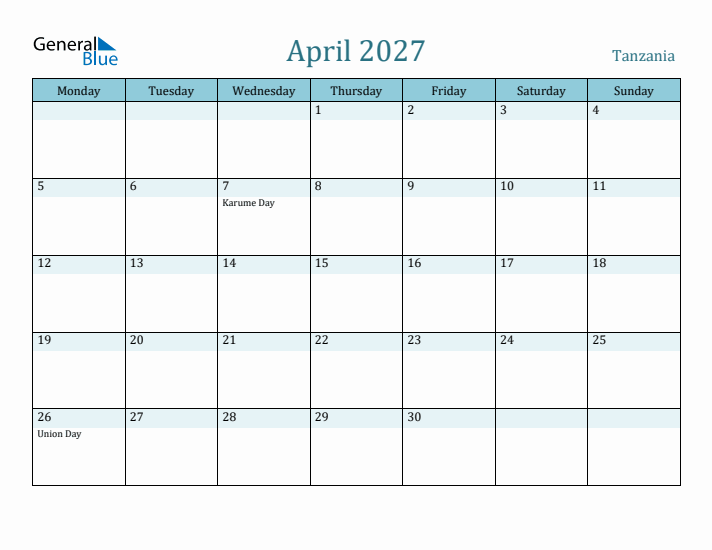 April 2027 Calendar with Holidays