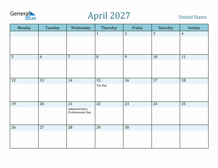 April 2027 Calendar with Holidays