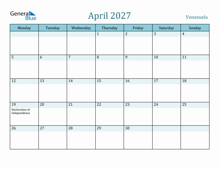 April 2027 Calendar with Holidays