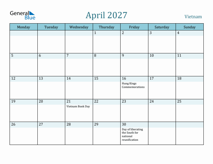 April 2027 Calendar with Holidays