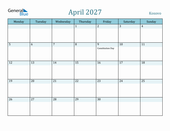 April 2027 Calendar with Holidays