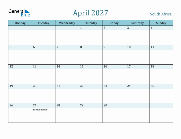 April 2027 Calendar with Holidays