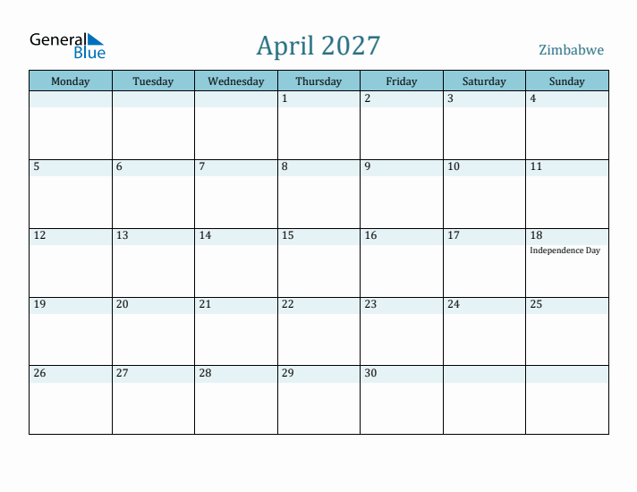 April 2027 Calendar with Holidays