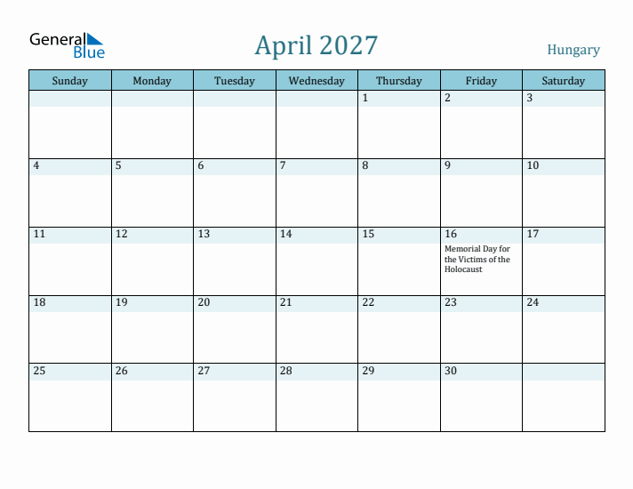 April 2027 Calendar with Holidays