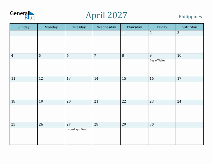 April 2027 Calendar with Holidays