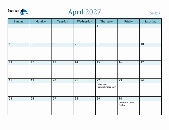 April 2027 Calendar with Holidays