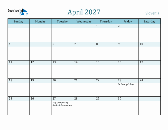 April 2027 Calendar with Holidays