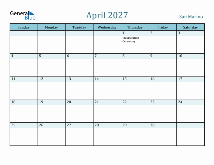 April 2027 Calendar with Holidays