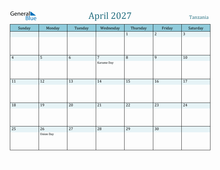 April 2027 Calendar with Holidays