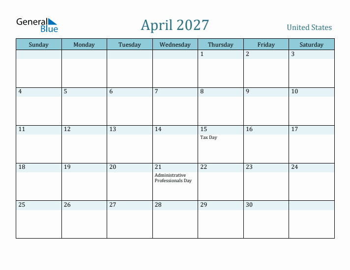 April 2027 Calendar with Holidays