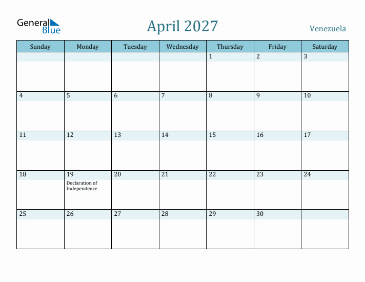 April 2027 Calendar with Holidays