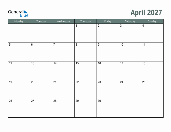 Free Printable April 2027 Calendar